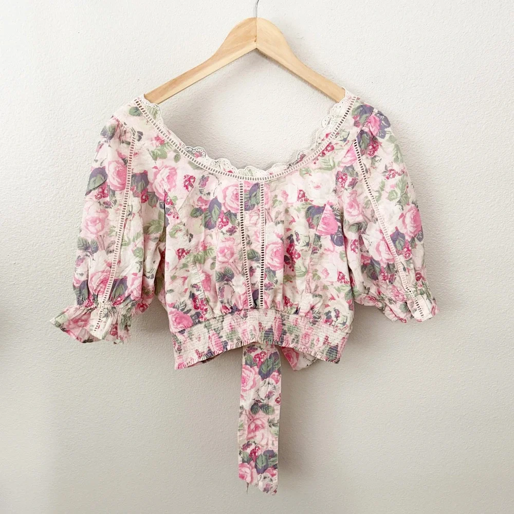 LOVESHACKFANCY | Karsten Top Pink Floral Puff Sleeve Smocked Crop Blouse | Large